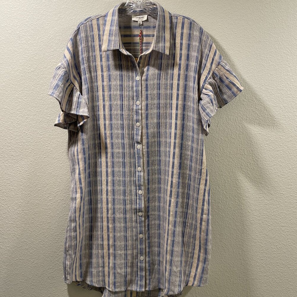 UMGEE  Flutter Short Sleeve Knee Length Oversize Shirt Dress Stripe Blue/Cream L
